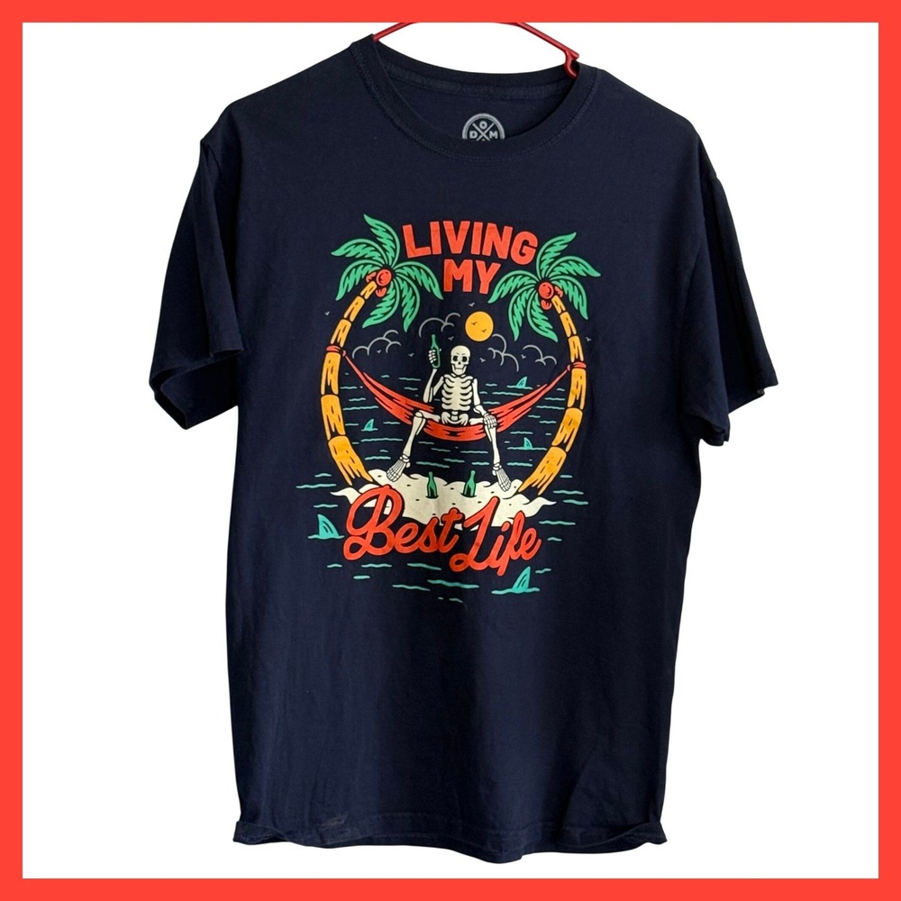 DXM Navy Blue Living My Best Life Skeleton Tropical Graphic T-Shirt Mens Medium